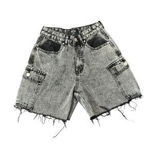 Rise Supply Co Acid Wash Gray Denim Cargo Shorts High Rise Raw Hem Womens Size 5
